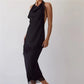 2 Piece Satin Halter Lace Trim Cowl Neck Backless Tops with Mid Length Slip Skirt Set For Women Party Cocktail Nightclub