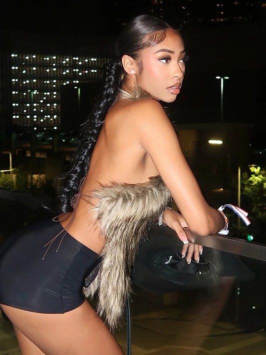 Backless Sexy Furry Tank Tops Women Hipster Halter Y2K Bandage Midnight Party Clubwear Summer New Trend Wild Basic Vests