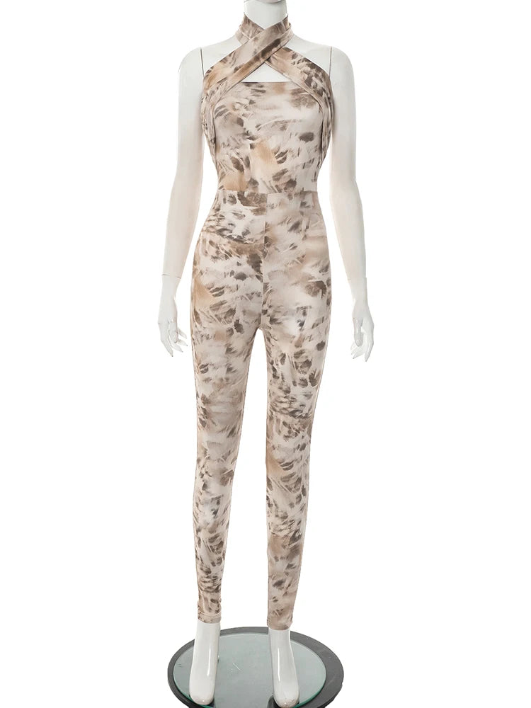 Cross Halter Jumpsuit Women Summer Foliage Print Backless Sleeveless Stretch Fitness Activity Streetwear Overalls