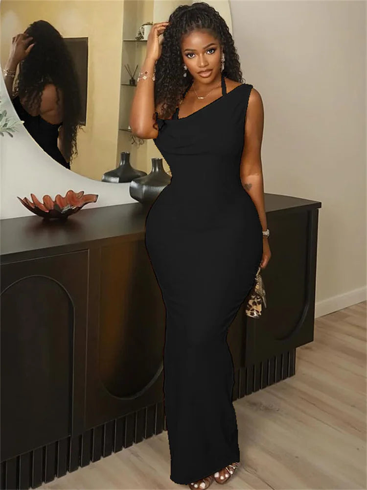 Ruched Elegant Maxi Dress Women Lace-Up Halter Skew Collar Backless Sleeveless Gown Midnight Prom Party Long Bodycon