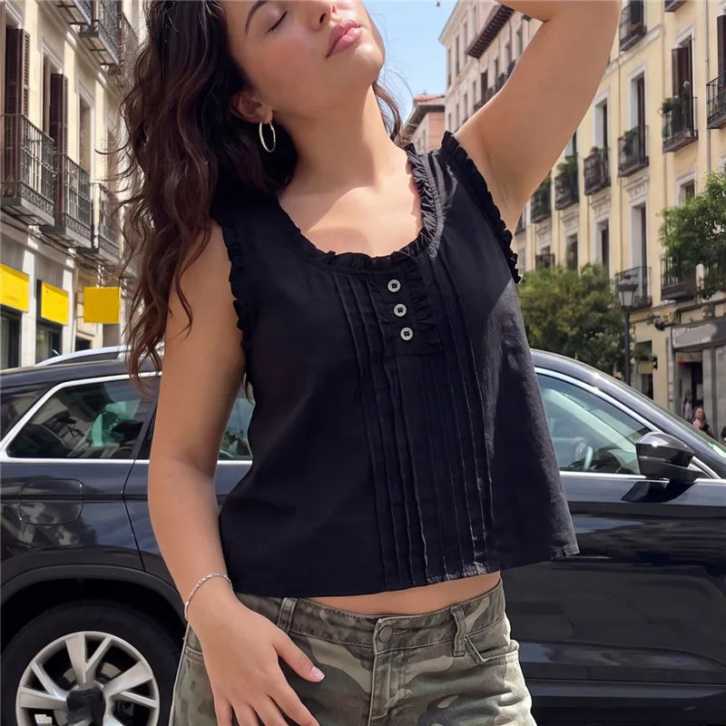 Women Ruffle Trim Sleeveless Cropped Tank Top U‑Neck Pleated Half Button Blouse Vintage Summer Casual Daily Vest Tops