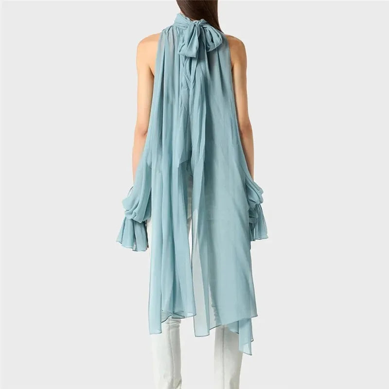 Chic Halter Neck Chiffon Blouse for Women Tie Back Asymmetrical Hem Flare Sleeve Sheer Mesh Top Casual Summer Party Club