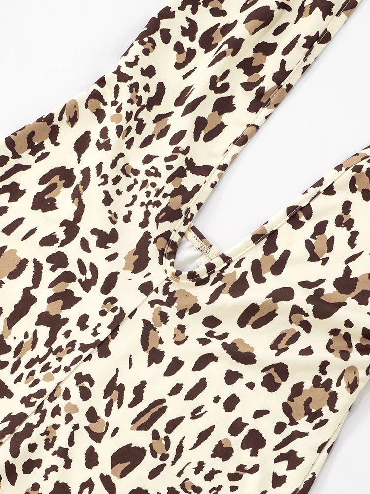 Leopard Print Playsuits Women Halter Deep V-Neck Sleeveless Skinny Peach Hip Hot Girls Street Trend Wild Style Romper