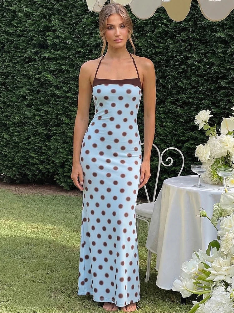 Polka Dot Backless Sexy Maxi Dress Women Elegant Halter Off-shoulder Sleeveless Bodycon Club Party Long Dress Female