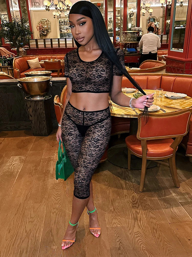 Jacquard Sexy Women 2 Piece Set summer Y2K hipster Tight Stretch Lace Camisole+bike Shorts Beach Club Matching Suit