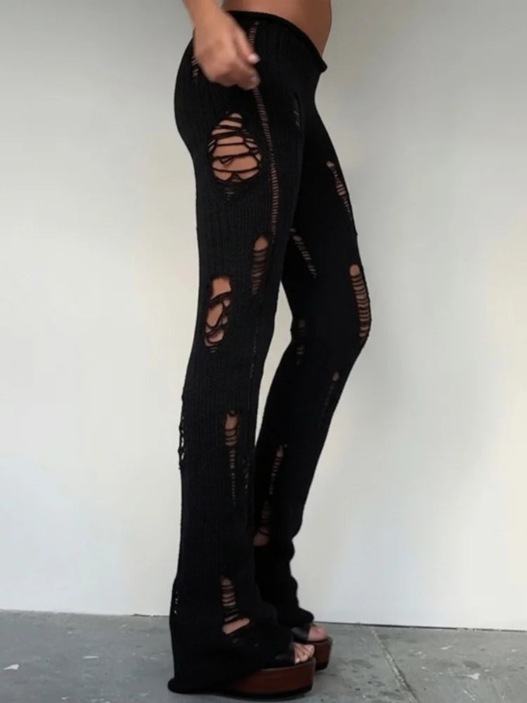 Low Rise Flare Pants Streetwear Trendy Hollow Hole Knitted Slim Trousers Women See Through Clothes
