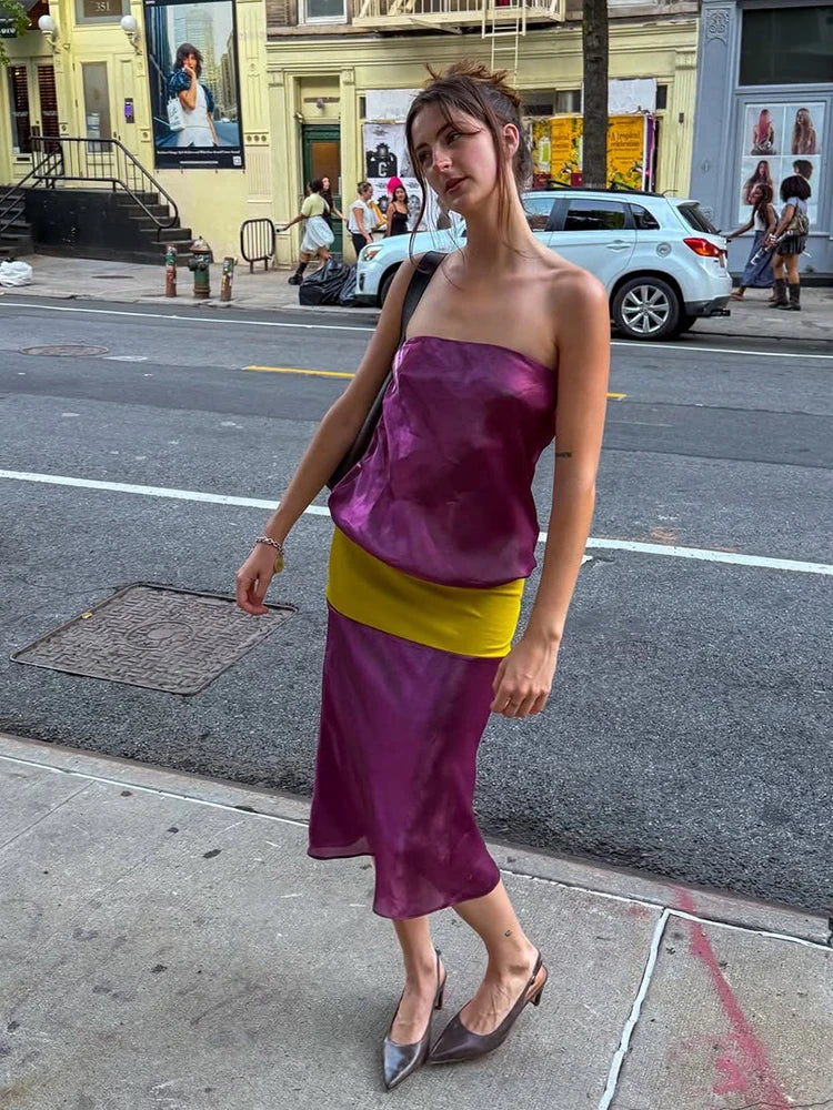 Sexy Color Blocking Dress Women Fashion Trend Bright Silk See Through Sleeveless Elegant Simple Party Street Bodycon
