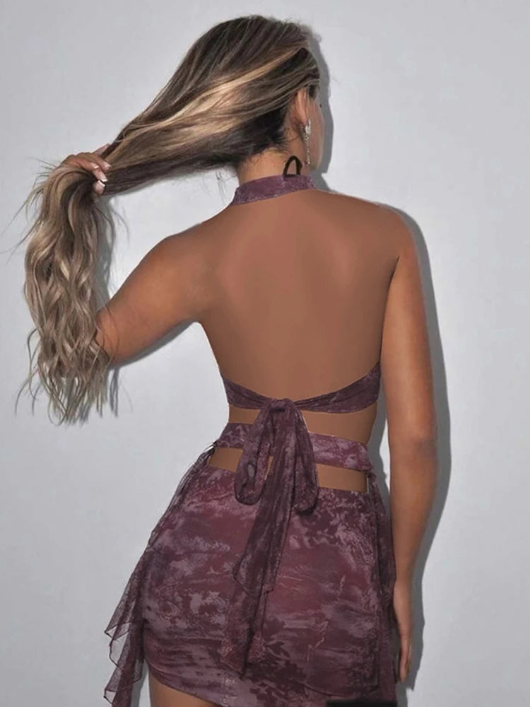 Backless Tassel Dress Women Sexy Cross Metal Rings Halter Lace-Up Pleated Waistless Midnight Club Party Mini Bodycon