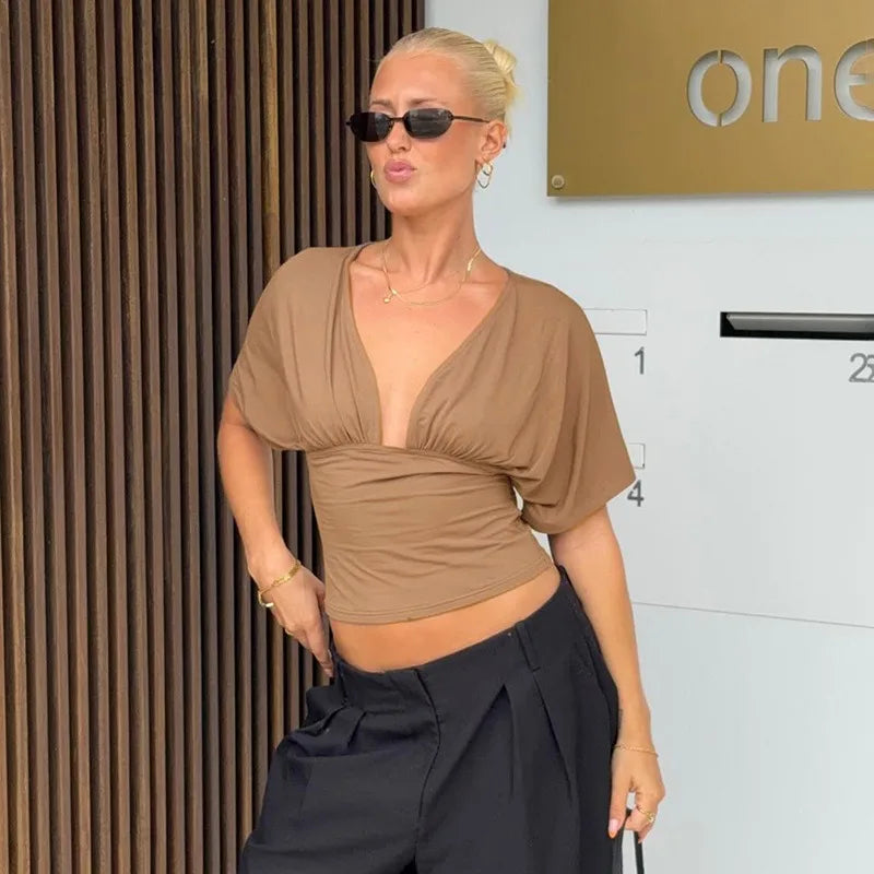 Deep V Neck Short Sleeve Crop Tops for Woman Summer Clothes 2026 Fashion Sexy T Shirts