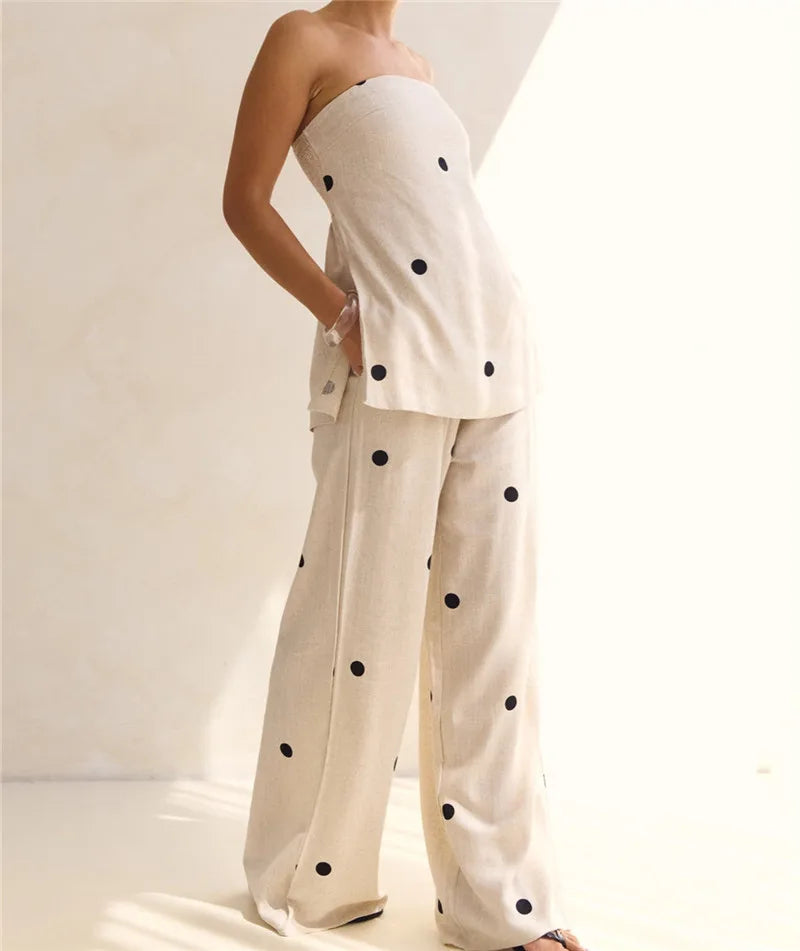 Fashion Polka Dot 2 Piece Outfits for Women Double Slit Strapless Tube Top + Baggy Wide Leg Pants Set Summer Streetwear