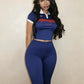 Casuals 2 Piece Set Women Trend Letter Print Color Blocking Short Sleeve T-Shirt+Capri Pants Simple Sporty Streetwear