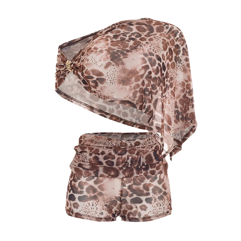 Leopard Print 2-Piece Set Women Skew Collar Metal Trim Irregular Hem t-Shirt+Folds Elastic Waist Skirt Summer Suit
