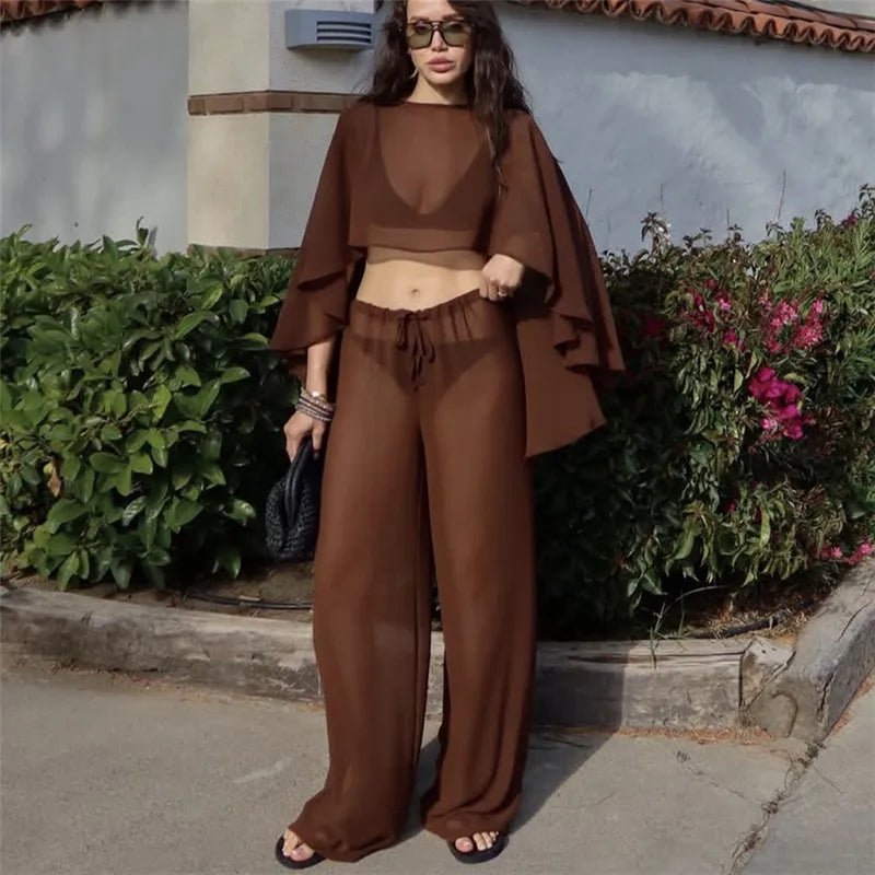 Y2K Retro Sheer Chiffon Cape 2 Piece Set Women Cropped Flowy Top Drawstring Wide Leg Pants Beach Street Matching Outfit