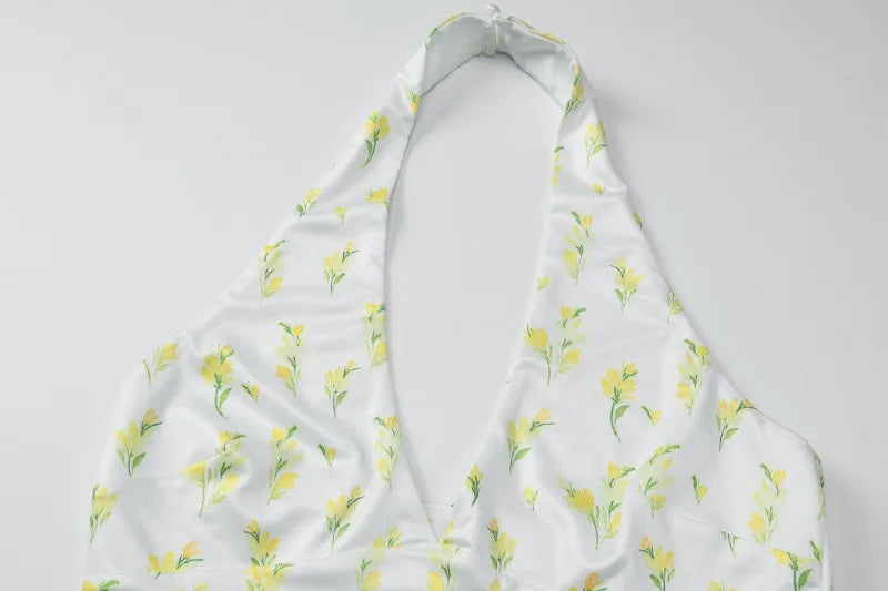 Yellow Floral Printed Skater Dress Sexy Deep V Neck Backless Short Summer Dresses Woman Clothing