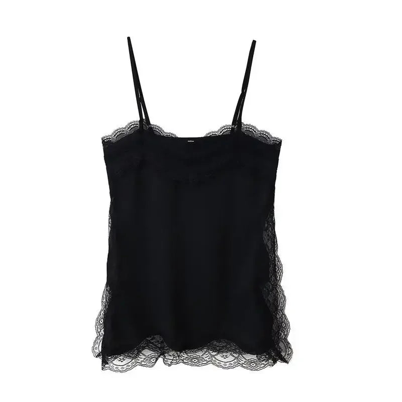 Women Lace Trim Satin High Low Tops Silk Spaghetti Strap Side Split Asymmetrical Cami Top Flowy Silky Layering Tops