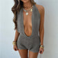 Y2K Hollow Knit Halter Romper Deep Cut V Backless Scallop Hem Short Jumpsuit Women Coastal Beach Night Club Party Outfit