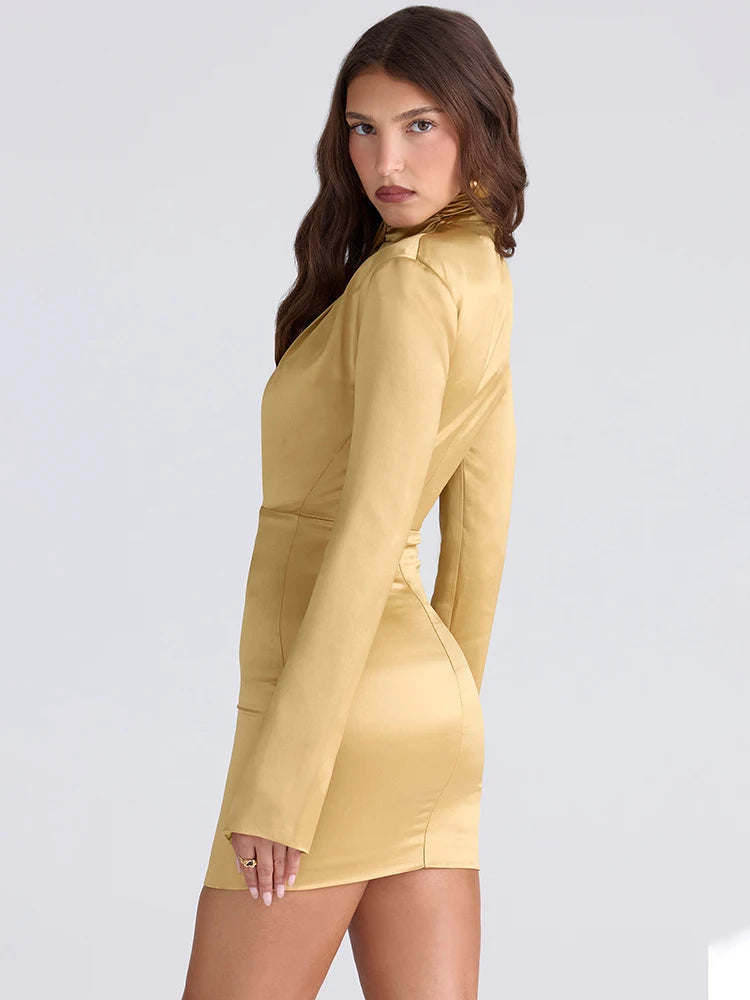 Satin Long Sleeve Sexy Mini Dress Women Gown Fashion Elegant Turtleneck High Waist Bodycon Club Party Dresses Female