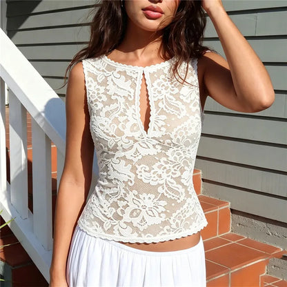 Summer Beach Sheer Lace Sleeveless Top Scallop Edge Neck Keyhole Cutout Slim Short Cover Up Vacation Casual Tank