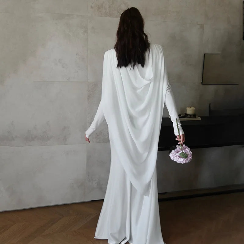 Irregular Mesh Ribbon Design Maxi Dresses Long Sleeve White Black Party Dress Elegant Luxury Evening Gown