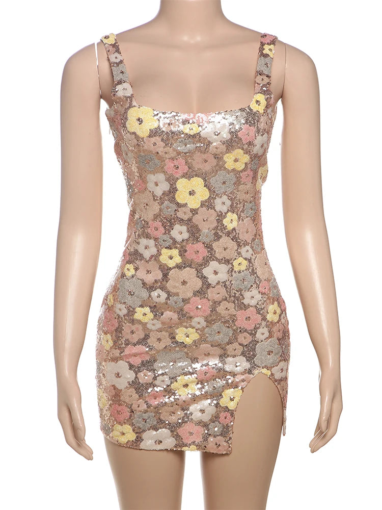Colorful Flower Print Mini Dress Women Sequins Patchwork Skinny Backless Sleeveless Vacation Trend Elegant Outfits