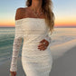 Women Off Shoulder Long Dress Slim Lace Flower Long Sleeve Backless Long Bodycon Maxi Dress for Daily Travel