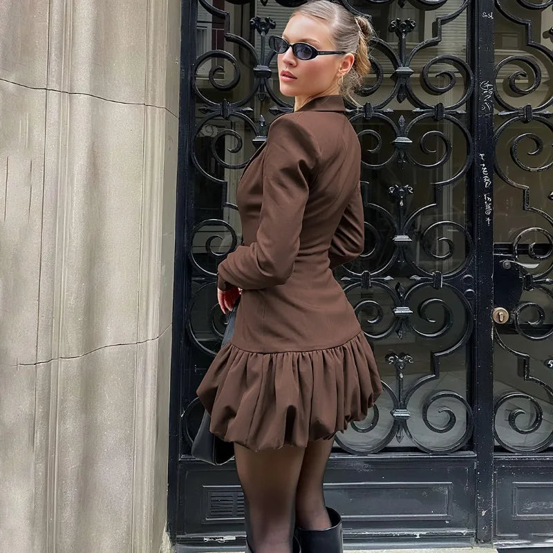 Brown Plunge Puff Hem Blazer Dress Sexy Deep V Neck Long Sleeve Short Dresses for Woman Clothes Fall