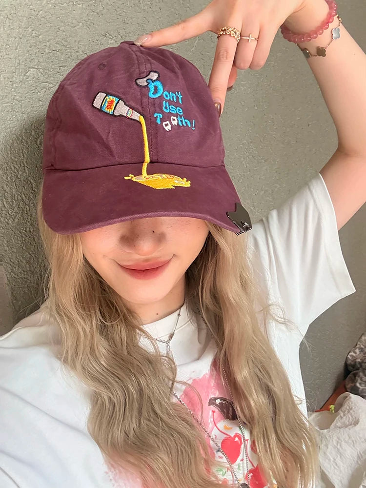Women's Cute Embroidered Baseball Cap, Vintage Washed Cotton Dad Hat with Funny Print, Adjustable Casual Daily Sun Hat