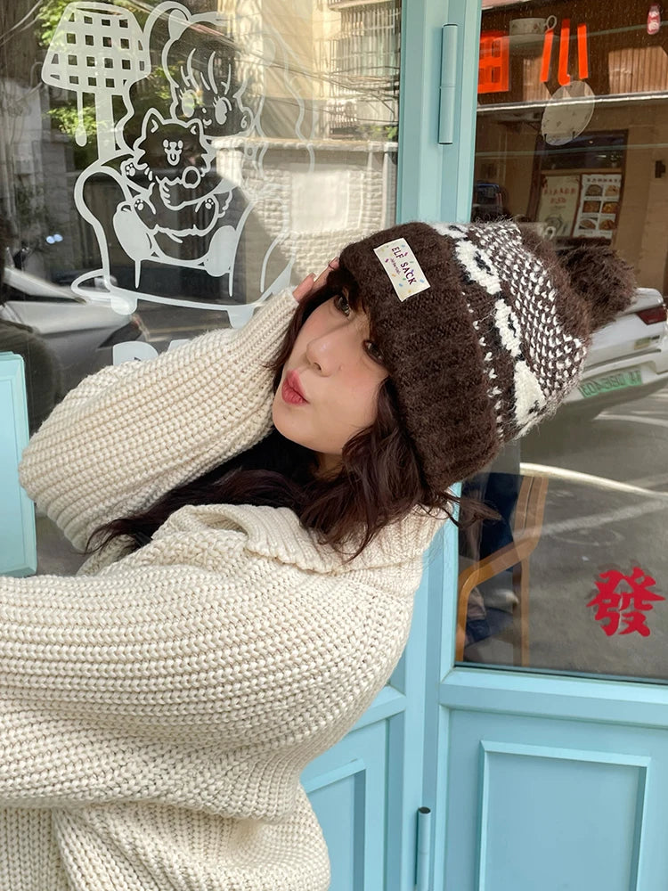 Casual Fair Isle Style Sheep Pattern Pom Pom Knit Beanie For Women