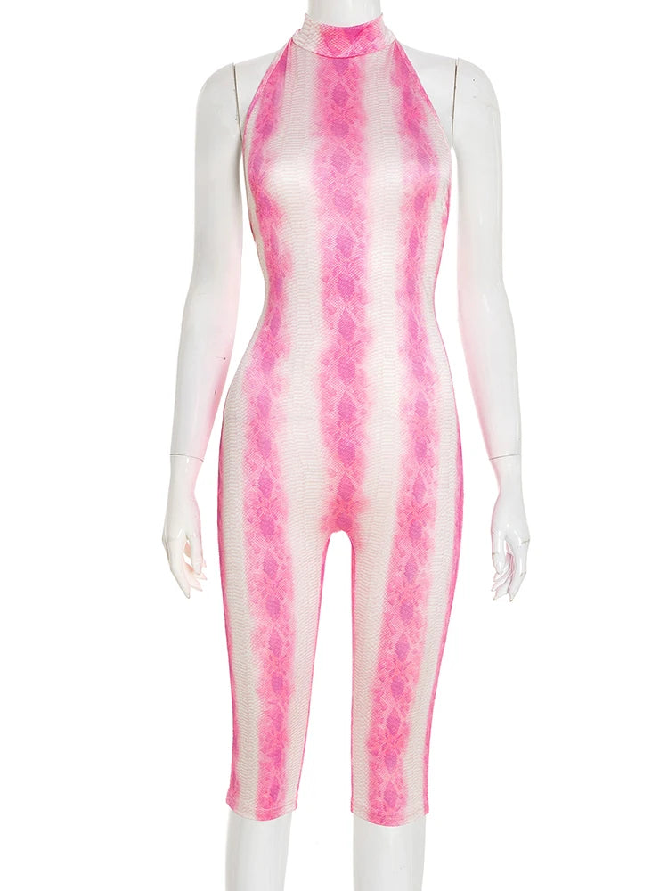 Halter Backless Sexy Romper Women Sleeveless Hollow Drop Print Colorful Summer Hipster Stretch Skinny Club Playsuit