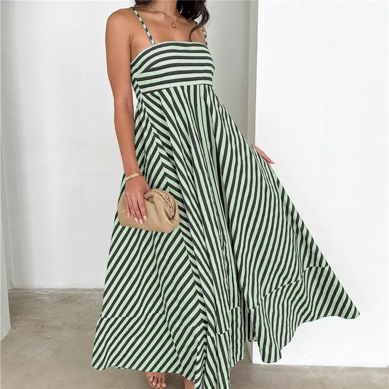 Striped Polka Dot Spaghetti Strap Maxi Dress for Women Square Neck Empire Waist Flowy A Line Dress with Shirred Back