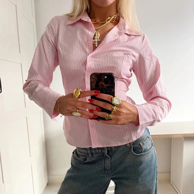 Women Slim Fit Button Down Striped Shirt Long Sleeve Fitted Button Up Shirt Vintage Y2K Pinstripe Collared Blouse