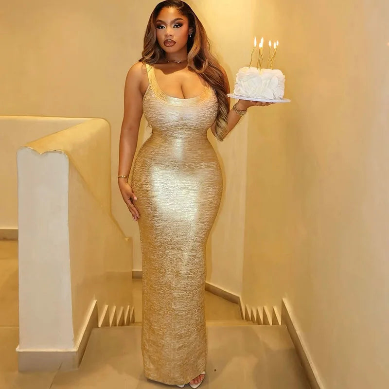 Gold Metallic Sleeveless Backless Bandage Maxi Dress for Woman Sexy Birthday Dresses Luxury 2026 Elegant