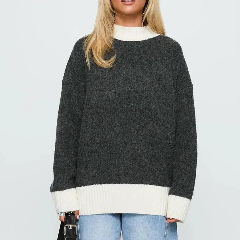 Casual Autumn Winter Women Sweater Korean Fashion Color Patchwork Solid O-Neck Loose Long Sleeve Pullovers Knitted Tops