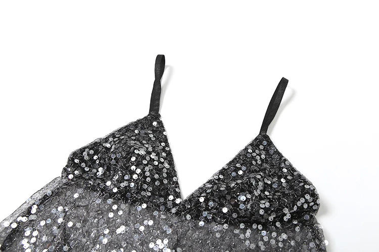 Hottie Sequins Patchwork  v-Neck Sexy Women Summer Trend Backless Mesh Camisol Street Midnight Versatile Classic Tops