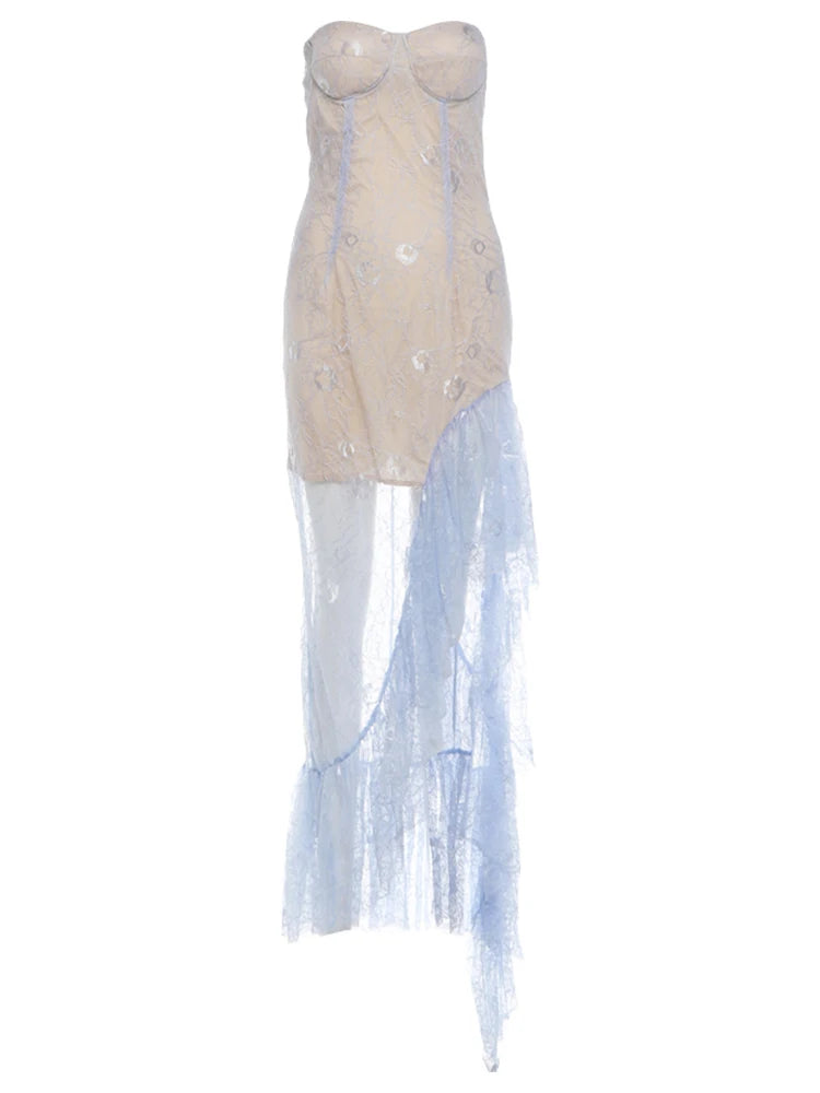 Jacquard Patchwork Dress Women Sexy Fashion See Through Ruffled Irregular Hem Sleeveless Trend Vacation Party Bodycon