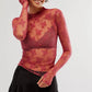 Women's Lace Layering Top Long Sleeve Sheer Mesh Mock Neck Undershirt Y2K Lace Floral Tops See Through Shirt Blouse