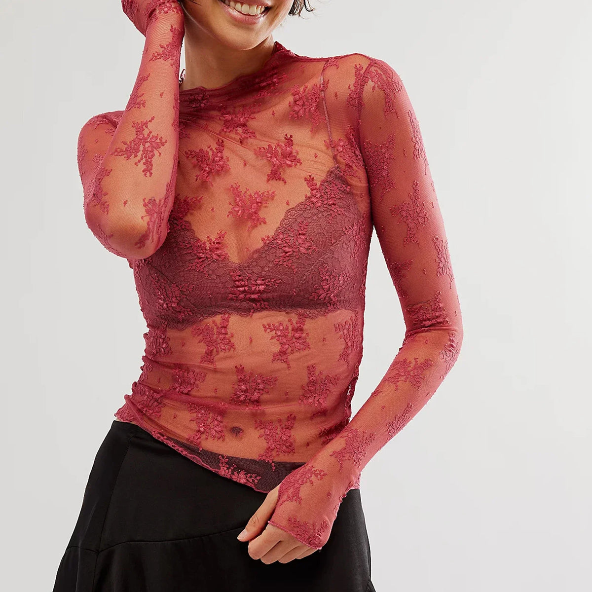 Women's Lace Layering Top Long Sleeve Sheer Mesh Mock Neck Undershirt Y2K Lace Floral Tops See Through Shirt Blouse