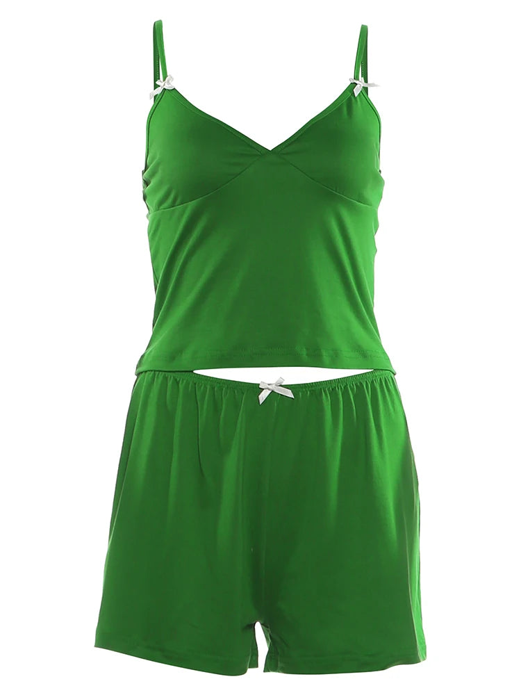 Sporty Streetwear Women Trend Simple 2-Piece Set Trend Fashion Bow Appliques Low Chest Camisole+Shorts Hottie Suits