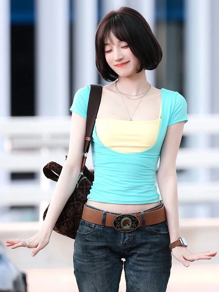 T-Shirt+Camisole 2Piece Set Women Trend Hottie Low-Neck Short Sleeve Stretch Fashion Casuals Classic Party Streetwear