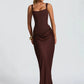 Backless Ruched Sexy Maxi Dress Women Elegant Square Collar Tapered Straps Sleeveless Bodycon Club Party Long Dress