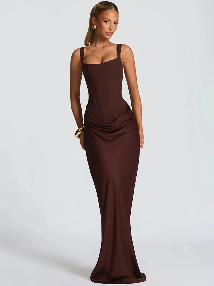 Backless Ruched Sexy Maxi Dress Women Elegant Square Collar Tapered Straps Sleeveless Bodycon Club Party Long Dress