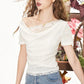 Elegant Draped Cowl Neck Short Sleeve Top, Lace Trim Asymmetrical Hem Blouse, Feminine Casual Slim Fit Top for Women