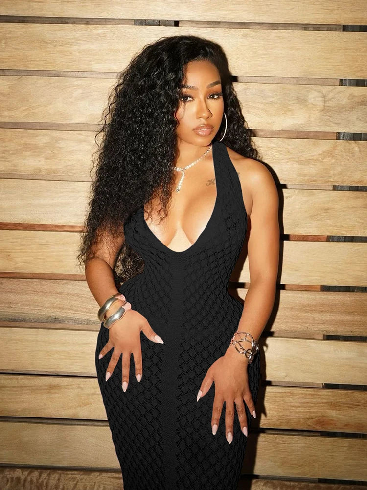 Crochet Elegant Dress Women Halter Low-Neck Backless Splits Ruched Tassel Vacation Fashion Beach Party Long Bodycon