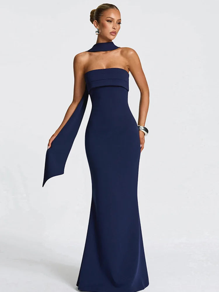 Off-shoulder Strapless Sexy Maxi Dress Women Gown Scarf Collar Sleeveless Backless Bodycon Club Party Evening Dresses