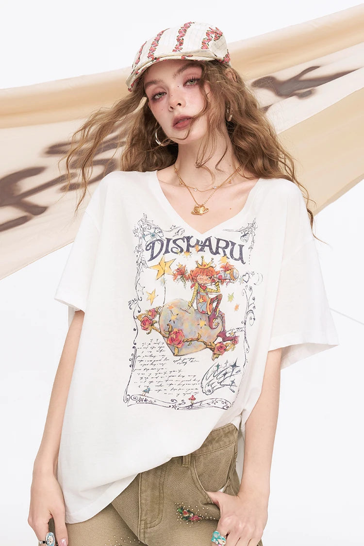 Playful Cartoon Print V-Neck Oversized T-Shirt, Drop Shoulder Casual Graphic Tee, Streetwear Loose Top for Women