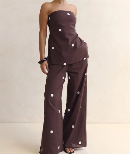 Fashion Polka Dot 2 Piece Outfits for Women Double Slit Strapless Tube Top + Baggy Wide Leg Pants Set Summer Streetwear