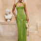 Women Halter Backless Sexy Maxi Dress Elegant Sleeveless Ruched Waist Draped Bodycon Club Party Evening Cocktail Dress