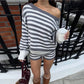 Women Knitted 2 Piece Set Autumn Winter Long Sleeve Off-shoulder Sweater Pullovers+Elastic Waist Shorts Vintage Striped