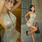 Sexy Ruched Backless Dress Women Fashion Bright Silk Metal Ring Halter Hollow Patchwork Chic Party Peach Hip Bodycon