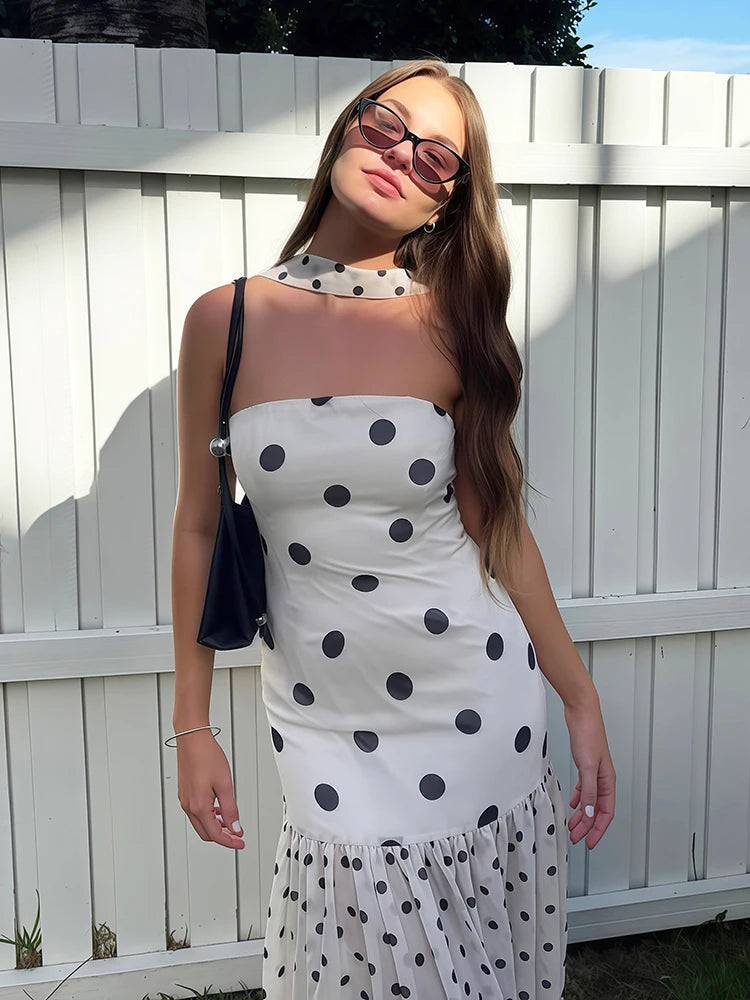 Polka Dot Print Dress+Silk Scarf Women Sexy Fashion Mesh Patchwork Hem Sleeveless Elegant Trend Party Club Bodycon